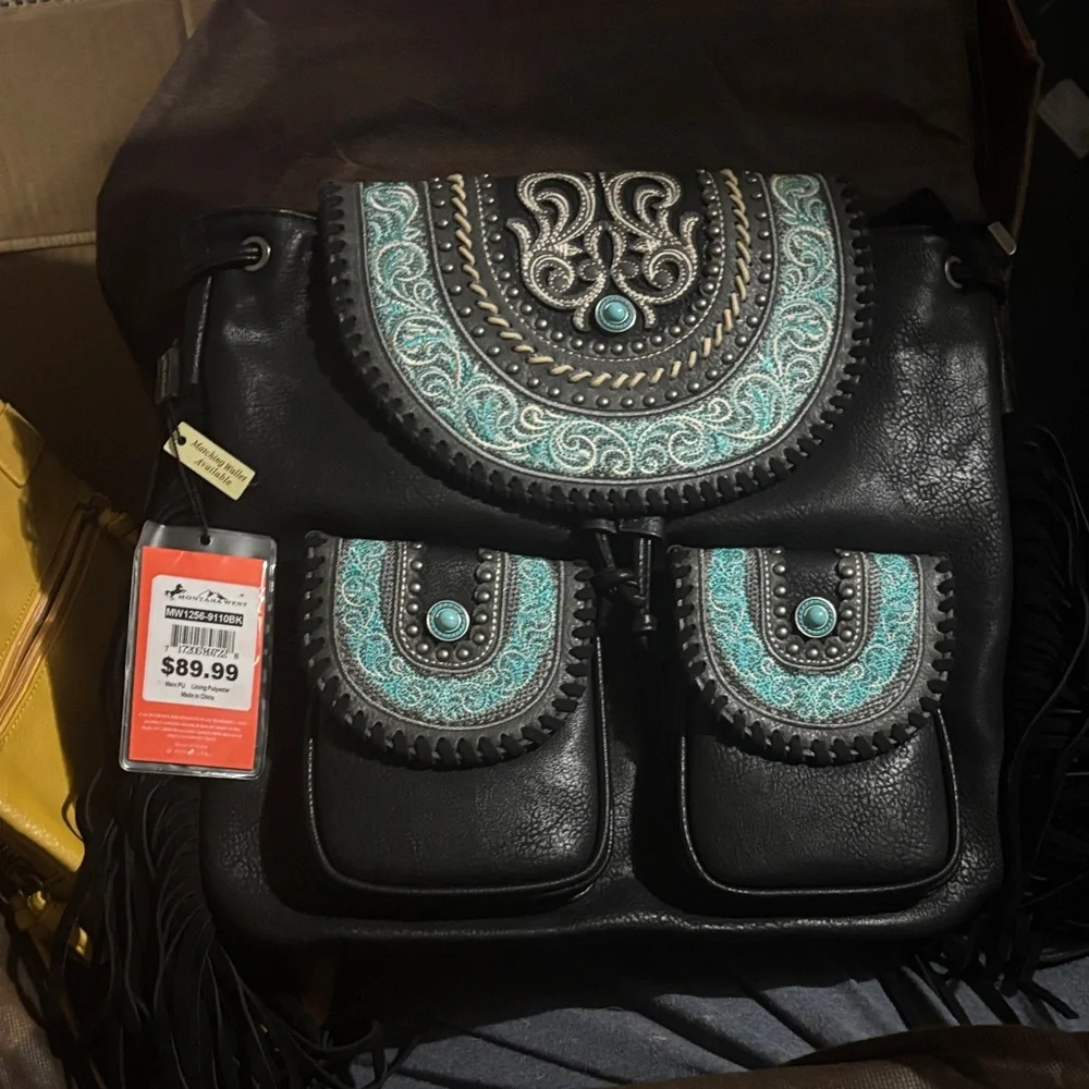 Montana West Black Leather Fringe Backpack with Turquoise Embroidery